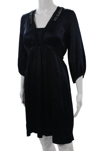 Sandro Womens Dark Blue V Neck Solid Shift Dress 3/4 Sleeve Silk Blend Size 1