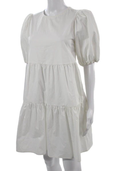 Zara Women Trapeze Swing Dress White Cotton Knee Length Round Neck Size XS