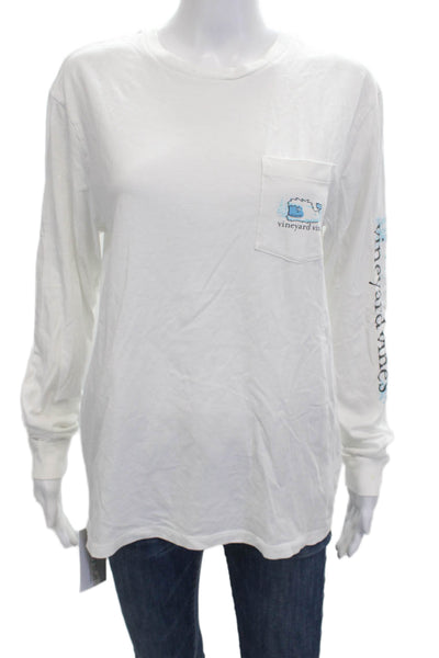 Vineyard Vines Women White Cotton Graphic Christmas Long Sleeve T-Shirt Size S