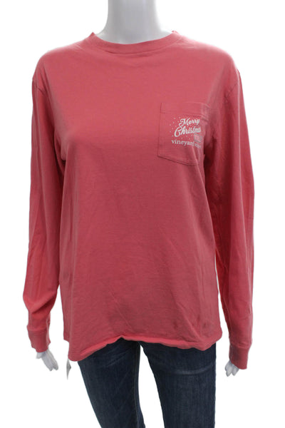 Vineyard Vines Women Pink Christmas T-Shirt Long Sleeve Crew Neck Cotton Size S