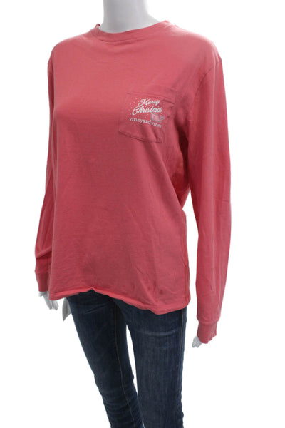 Vineyard Vines Women Pink Christmas T-Shirt Long Sleeve Crew Neck Cotton Size S