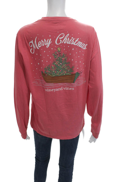 Vineyard Vines Women Pink Christmas T-Shirt Long Sleeve Crew Neck Cotton Size S