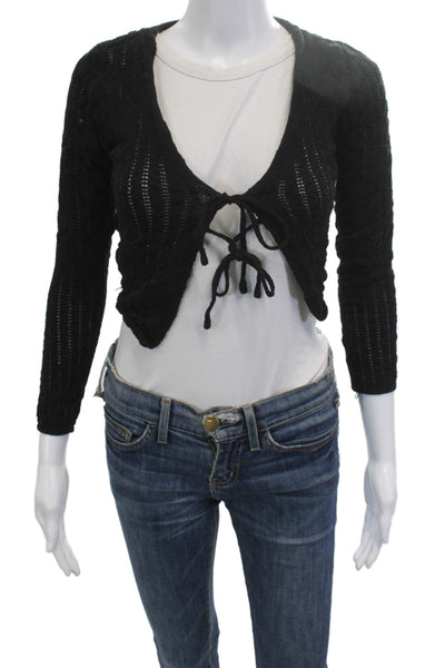 MNG Women Cropped V-Neck Black Sweater Drawstring Long Sleeve Size S