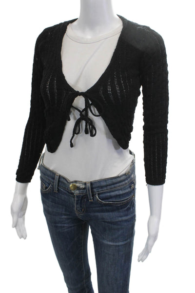 MNG Women Cropped V-Neck Black Sweater Drawstring Long Sleeve Size S