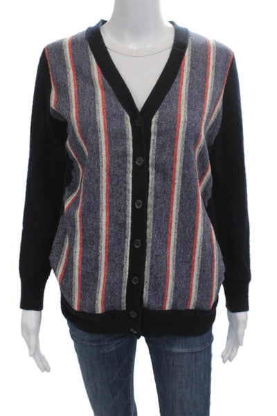 J Crew Womens Black Striped Cashmere V Neck Button Cardigan Size M