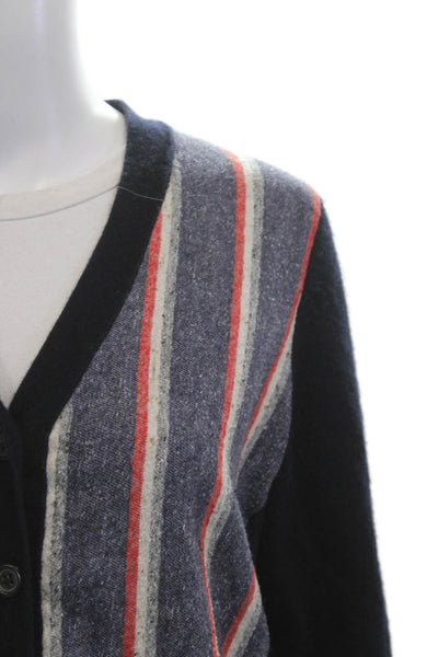 J Crew Womens Black Striped Cashmere V Neck Button Cardigan Size M