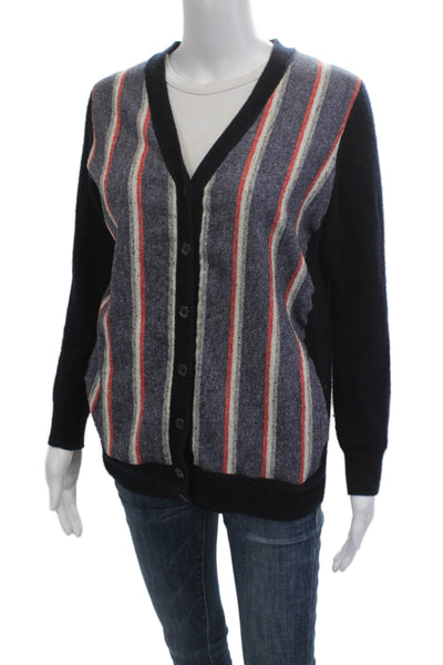 J Crew Womens Black Striped Cashmere V Neck Button Cardigan Size M