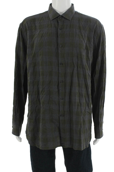 Billy Reid Mens Cotton Printed Collar Standard Button Down Shirt Green Size XL