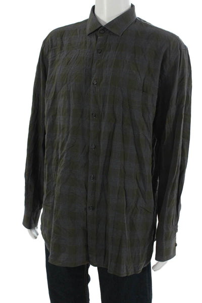 Billy Reid Mens Cotton Printed Collar Standard Button Down Shirt Green Size XL