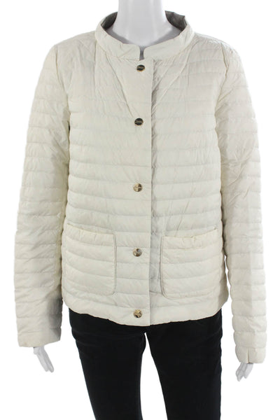 Herno Womens Quilted Puffer Jacket White Polyester Button Mock Neck Size 46