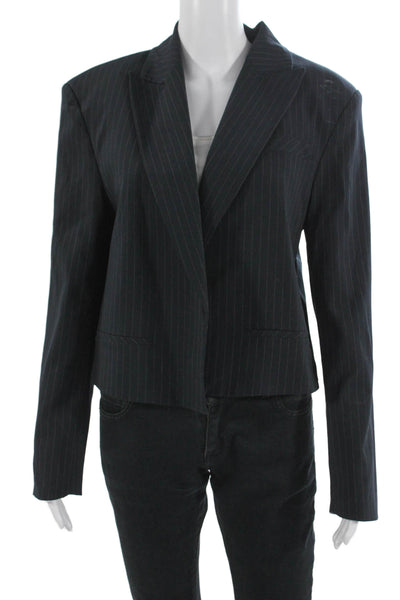 Zara Women Striped Collared Polyester Blazer Dark Blue Long Sleeve Size S
