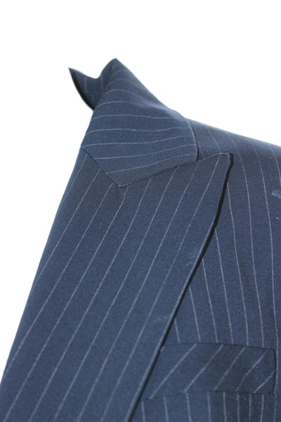 Zara Women Striped Collared Polyester Blazer Dark Blue Long Sleeve Size S