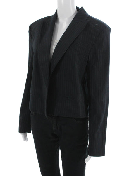 Zara Women Striped Collared Polyester Blazer Dark Blue Long Sleeve Size S