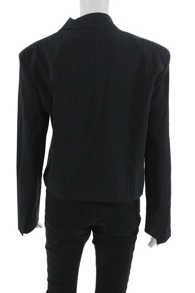 Zara Women Striped Collared Polyester Blazer Dark Blue Long Sleeve Size S