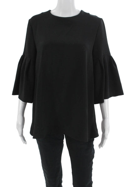 Edit Womens Black Round Neck 3/4 Sleeve Zip Blouse Polyester Spandex Size M