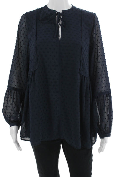 Whistles Women Tunic Dark Blue Polka Dot High Neck Long Sleeve Size 6