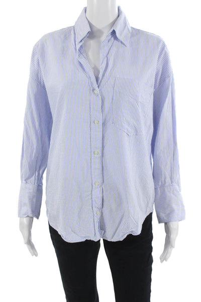 Zara Women Striped Cotton Button-Up Blouse Long Sleeve Light Blue Size XS