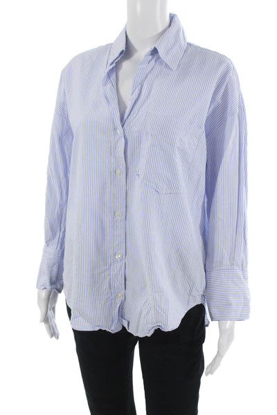 Zara Women Striped Cotton Button-Up Blouse Long Sleeve Light Blue Size XS