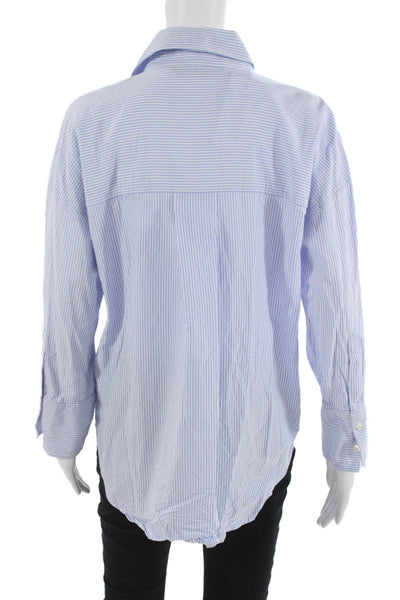 Zara Women Striped Cotton Button-Up Blouse Long Sleeve Light Blue Size XS
