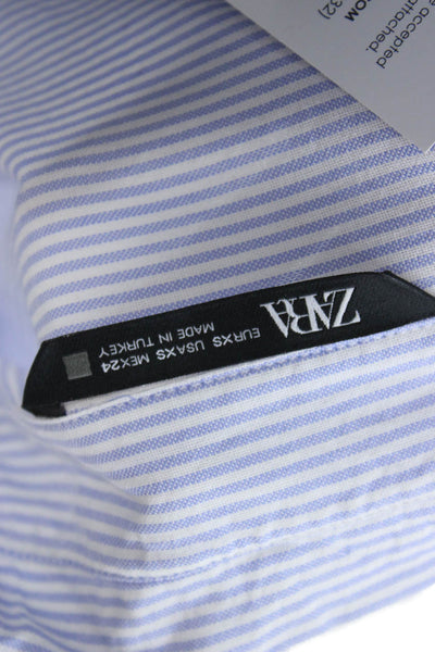 Zara Women Striped Cotton Button-Up Blouse Long Sleeve Light Blue Size XS