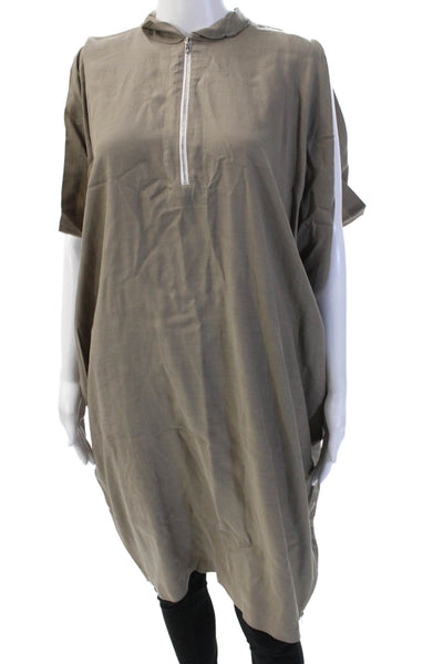 Nino Women Kaftan Shirt Dress Beige Mock Neck Short Sleeve Zip Size 3