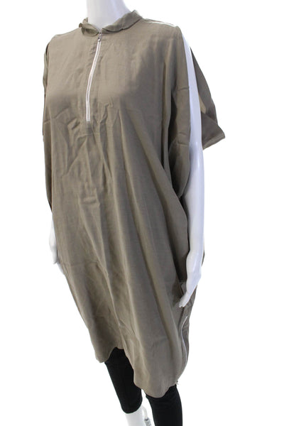 Nino Women Kaftan Shirt Dress Beige Mock Neck Short Sleeve Zip Size 3