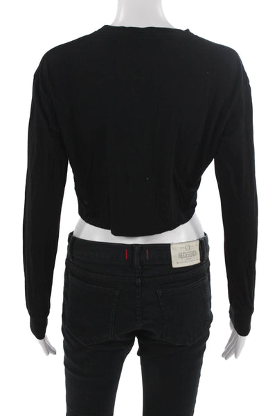 Reformation Women Cropped Black T-Shirt Long Sleeve Tencel Size S