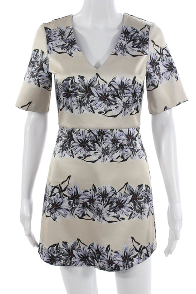 Topshop Women A-Line Mini Dress Beige Floral V-Neck Short Sleeve Size 0