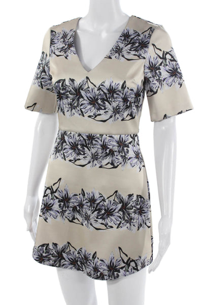 Topshop Women A-Line Mini Dress Beige Floral V-Neck Short Sleeve Size 0