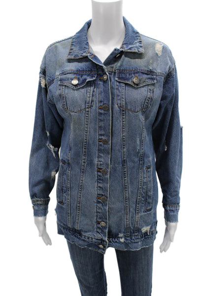 Noisy May Women Dark Blue Cotton Collared Button Jacket Long Sleeve Size XS