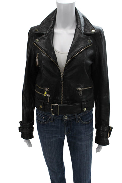 Nicholas Womens Biker Lamb Leather Jacket Black Buckle Collared Size 8