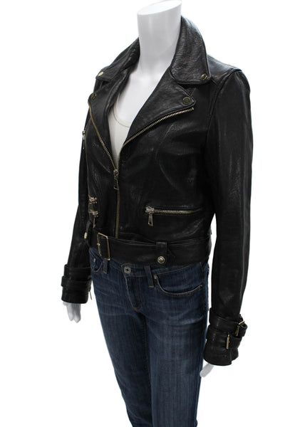 Nicholas Womens Biker Lamb Leather Jacket Black Buckle Collared Size 8