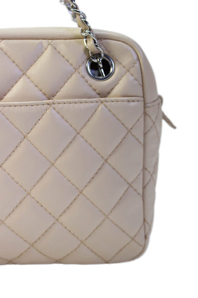 Chanel Womens Leather Quilted Zippered Camera Shoulder Handbag Beige