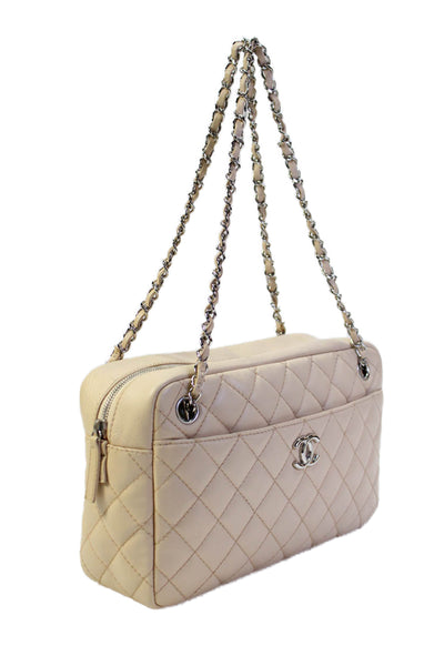 Chanel Womens Leather Quilted Zippered Camera Shoulder Handbag Beige