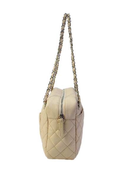 Chanel Womens Leather Quilted Zippered Camera Shoulder Handbag Beige