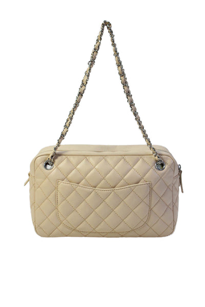 Chanel Womens Leather Quilted Zippered Camera Shoulder Handbag Beige