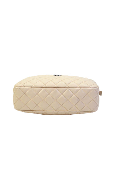 Chanel Womens Leather Quilted Zippered Camera Shoulder Handbag Beige