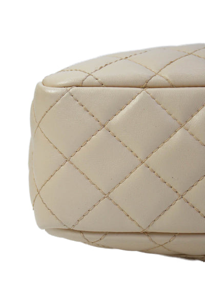 Chanel Womens Leather Quilted Zippered Camera Shoulder Handbag Beige
