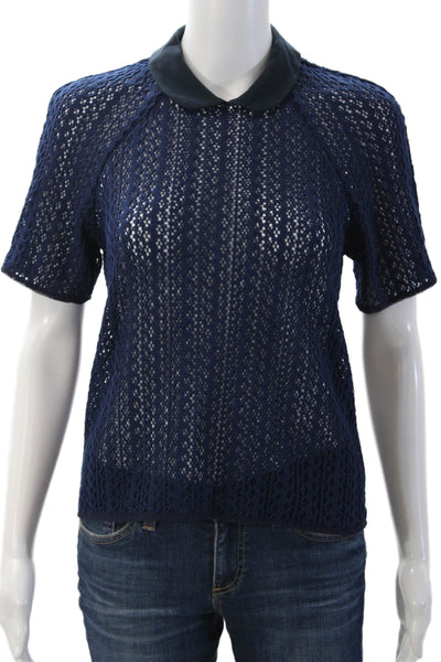Charlotte Ronson Women Collared Dark Blue Short Sleeve Designer Blouse Size S
