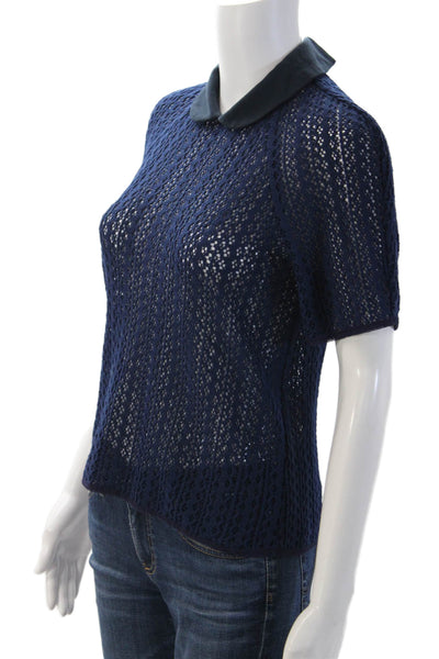 Charlotte Ronson Women Collared Dark Blue Short Sleeve Designer Blouse Size S