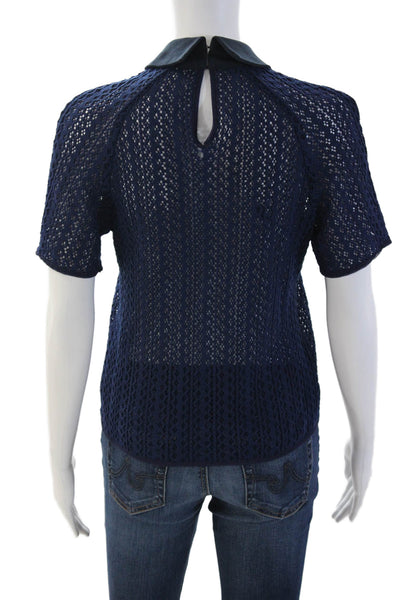 Charlotte Ronson Women Collared Dark Blue Short Sleeve Designer Blouse Size S