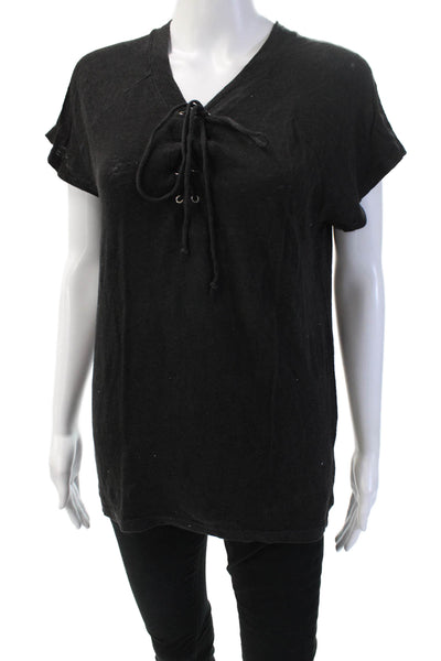 Monrow Womens Basic Black Linen V-Neck Short Sleeve T-Shirt Size XS