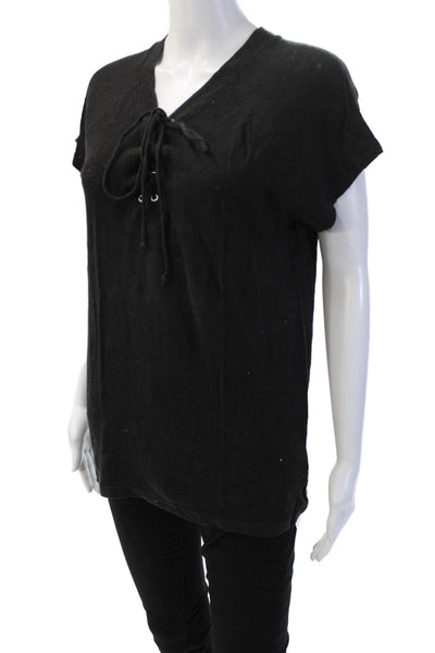 Monrow Womens Basic Black Linen V-Neck Short Sleeve T-Shirt Size XS