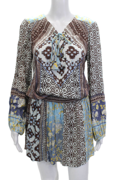 Hale Bob Womens Blue Floral Kaftan Shirt Dress Long Sleeve Size XS