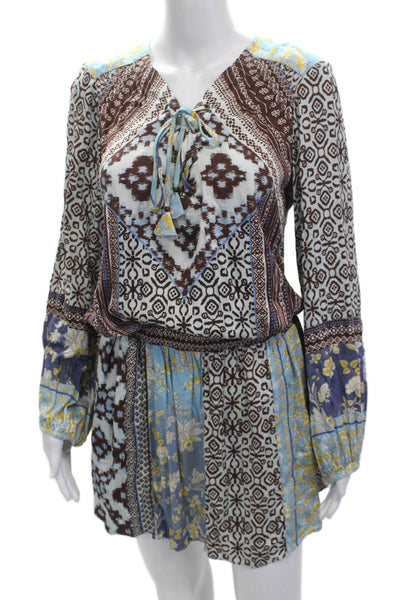 Hale Bob Womens Blue Floral Kaftan Shirt Dress Long Sleeve Size XS