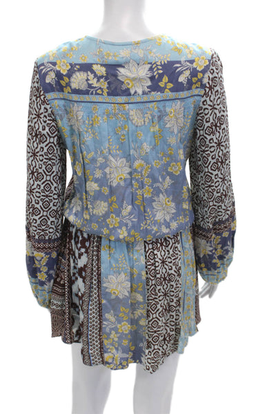 Hale Bob Womens Blue Floral Kaftan Shirt Dress Long Sleeve Size XS