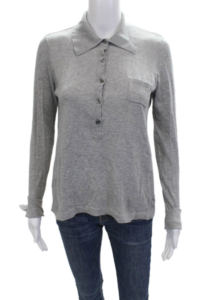 Minnie Rose Womens Basic Collared Button-Up Polo Gray Cotton Long Sleeve Size S