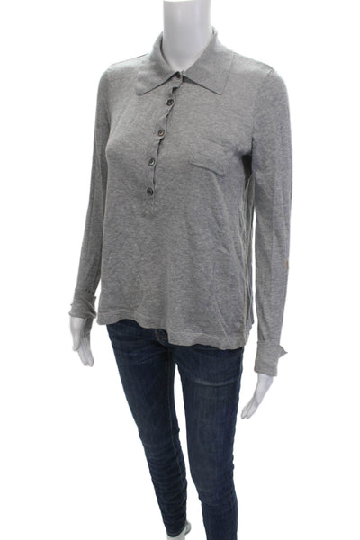 Minnie Rose Womens Basic Collared Button-Up Polo Gray Cotton Long Sleeve Size S