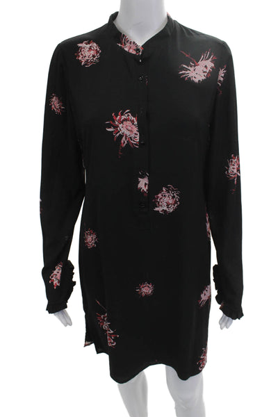 Yoana Baraschi Women Black Floral Mock Neck Shirt Dress Long Sleeve Size S