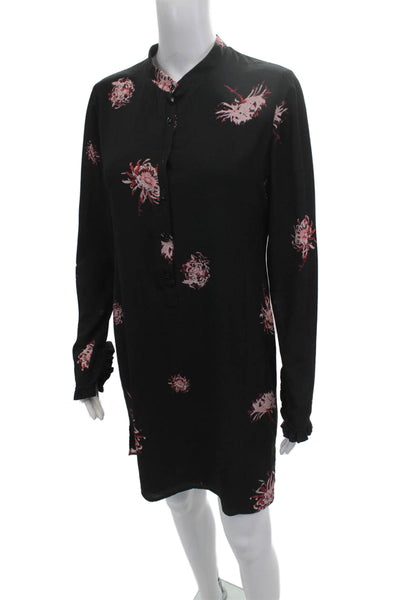 Yoana Baraschi Women Black Floral Mock Neck Shirt Dress Long Sleeve Size S